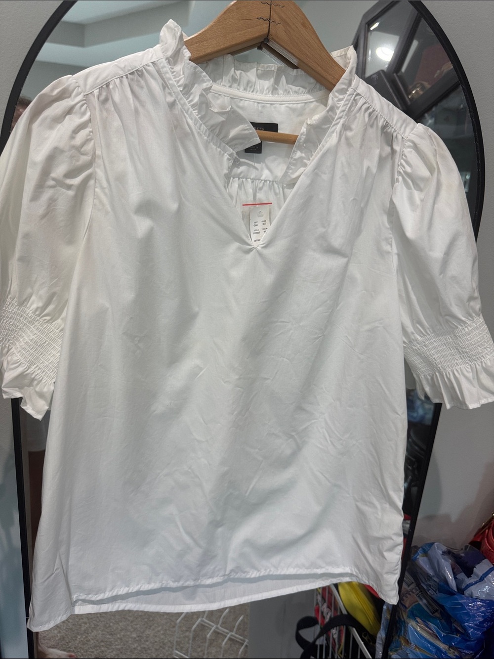 J. Crew White Ruffle V-Neck Puff Sleeve Blouse
